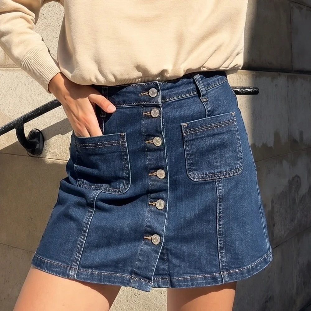 I & M Jeans Button Front Mini  Blue Denim Jean Stretch Skirt No Slit Medium